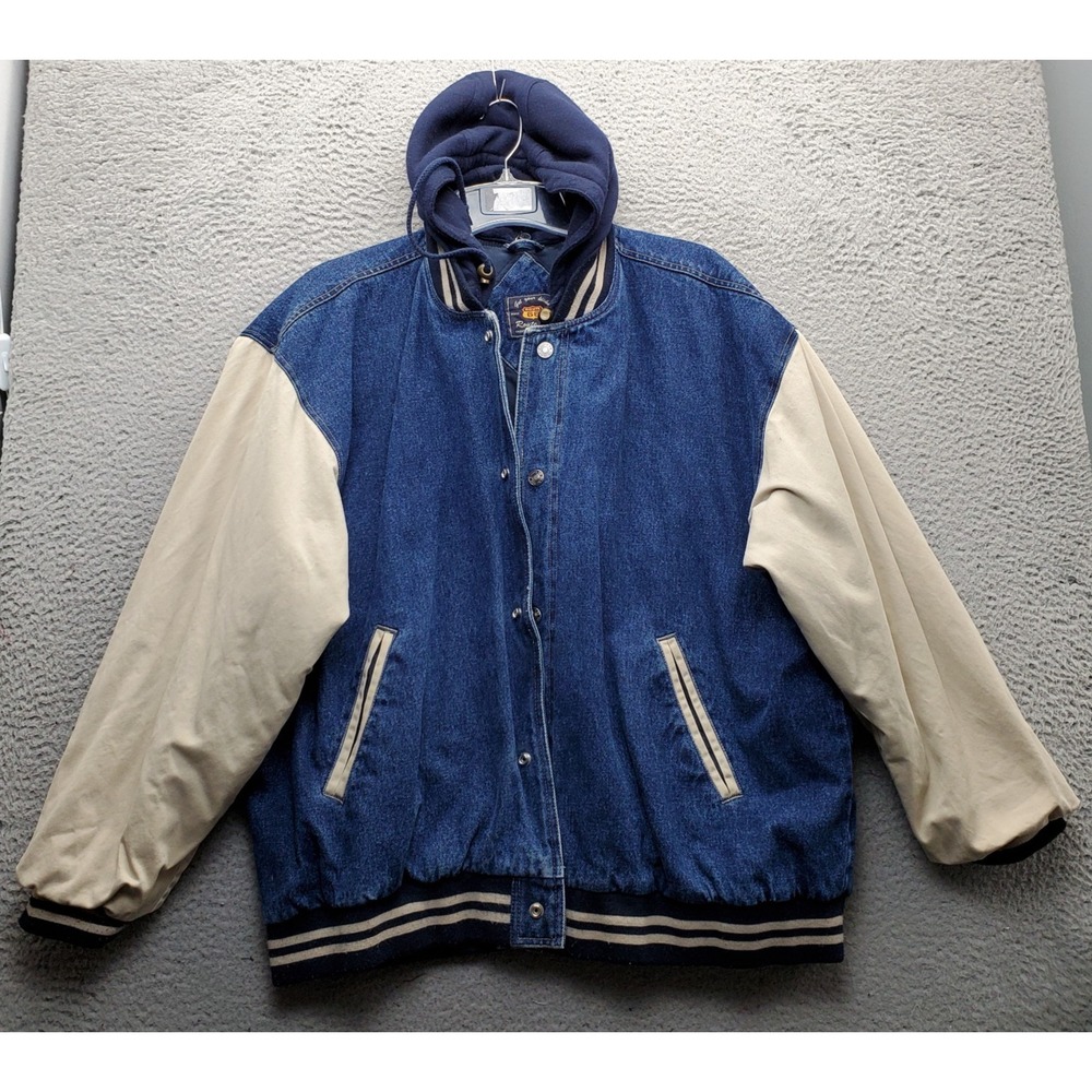 Vtg Route 66 Denim Varsity Jacket Mens XL Multi Quilted-Lined Hooded Snap Front